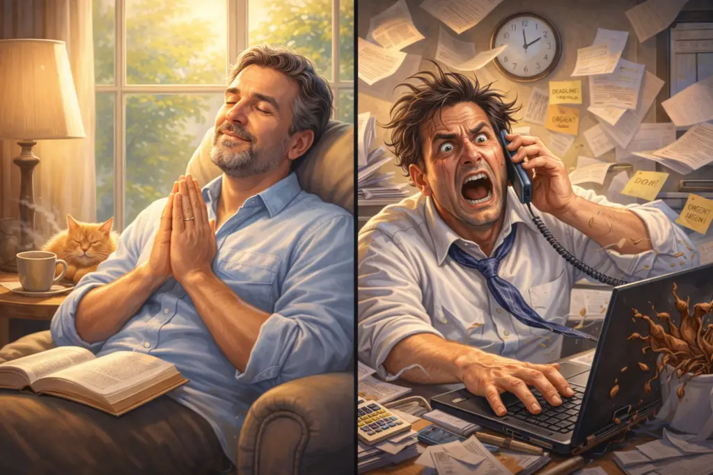 Split-screen image showing a peaceful man praying with a Bible and coffee on one side, and a stressed man overwhelmed by work, calls, papers, and chaos on the other, representing the difference between starting the day with God and trying to handle life alone.