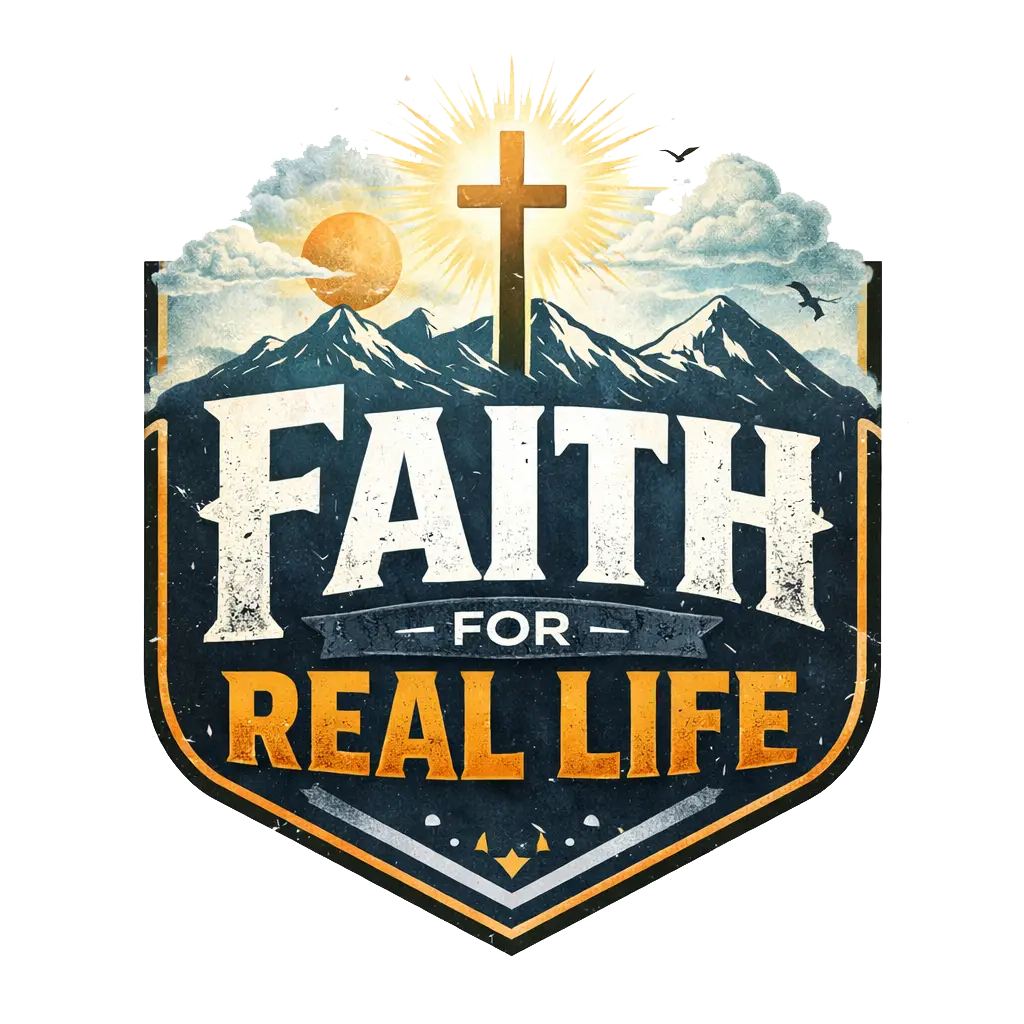 Faith For Real Life logo with a cross, mountains, sun, clouds, and bold text, representing Christian faith, real-life encouragement, and spiritual growth.