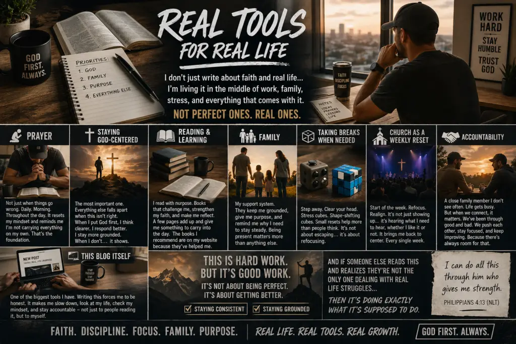 A Christian blog graphic titled “Real Tools for Real Life,” showing prayer, God-centered living, Bible reading, family, rest, church, accountability, writing, and faith-based habits for everyday spiritual growth.