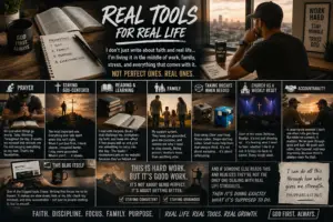 A Christian blog graphic titled “Real Tools for Real Life,” showing prayer, God-centered living, Bible reading, family, rest, church, accountability, writing, and faith-based habits for everyday spiritual growth.