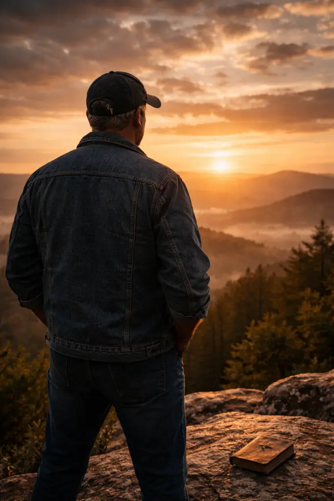 A man standing on a mountain at sunrise with a Bible resting on a rock nearby, representing faith, reflection, surrender, spiritual growth, and trusting God’s direction.