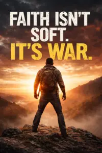 A man standing on a mountain at sunrise with the words “Faith Isn’t Soft. It’s War,” representing courage, spiritual warfare, perseverance, and standing firm in faith.