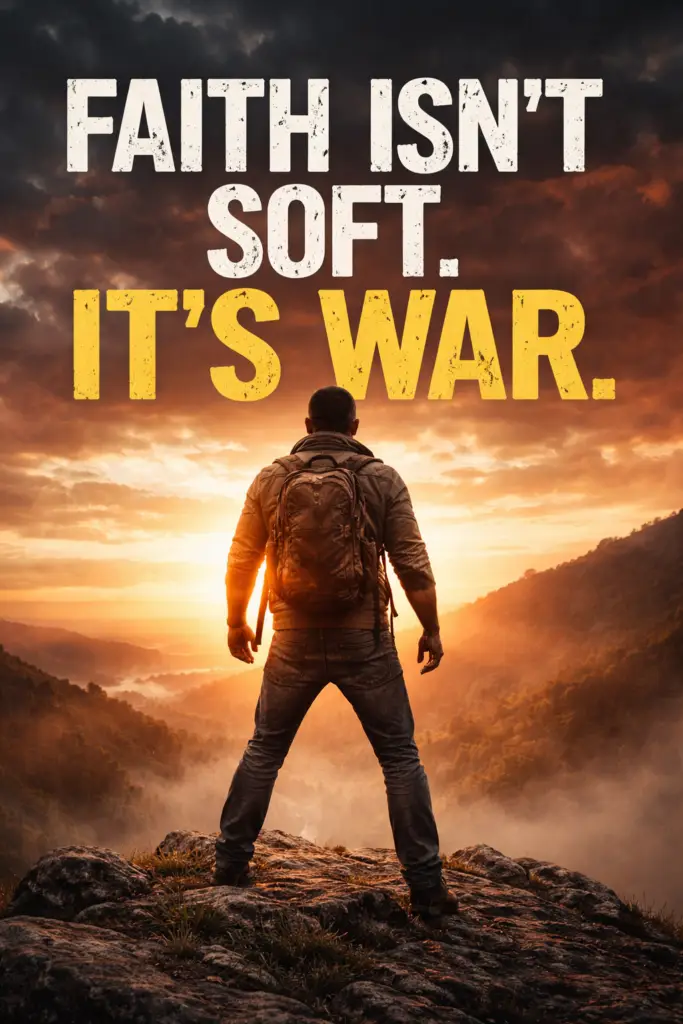 A man standing on a mountain at sunrise with the words “Faith Isn’t Soft. It’s War,” representing courage, spiritual warfare, perseverance, and standing firm in faith.
