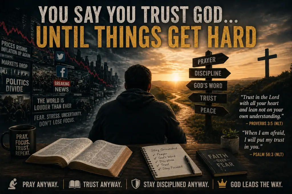 A man sitting between a chaotic world of news, politics, inflation, and fear on one side and a peaceful path with prayer, discipline, God’s Word, trust, and a cross on the other, representing trusting God when life gets hard.