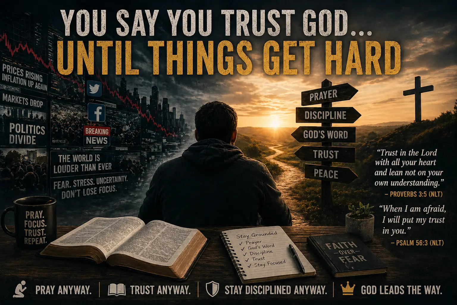 A man sitting between a chaotic world of news, politics, inflation, and fear on one side and a peaceful path with prayer, discipline, God’s Word, trust, and a cross on the other, representing trusting God when life gets hard.