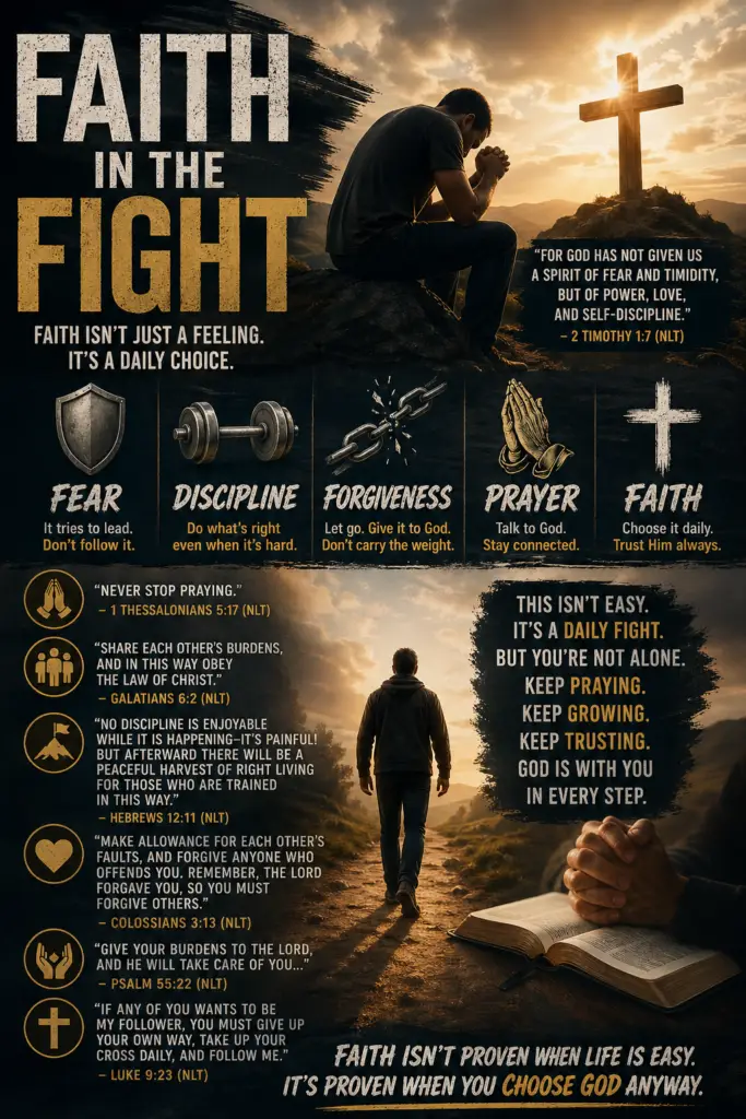 A Christian graphic titled “Faith in the Fight” showing a man praying near a cross, Bible verses, and symbols for fear, discipline, forgiveness, prayer, and faith, representing daily spiritual battle and trusting God through hard seasons.