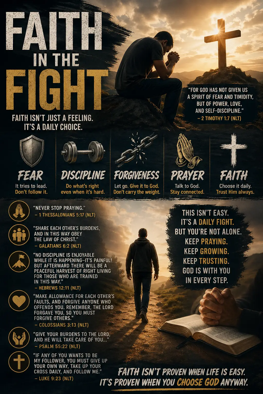 A Christian graphic titled “Faith in the Fight” showing a man praying near a cross, Bible verses, and symbols for fear, discipline, forgiveness, prayer, and faith, representing daily spiritual battle and trusting God through hard seasons.