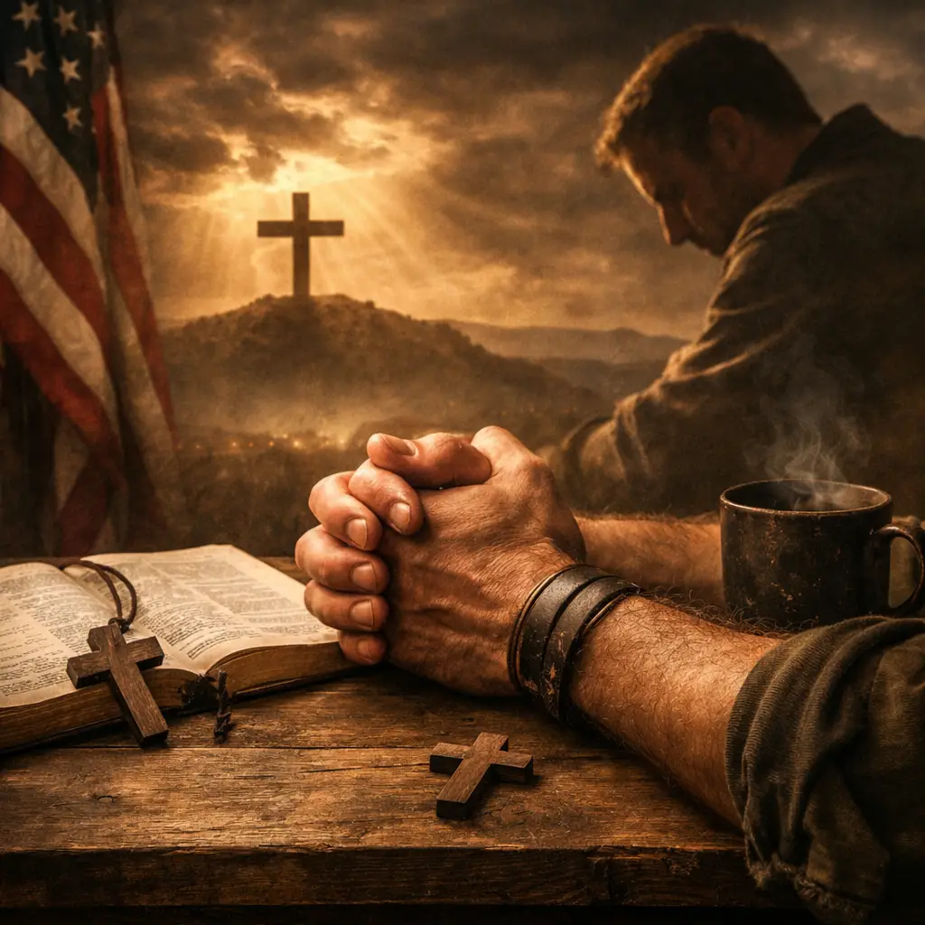 A man praying over an open Bible with wooden crosses, coffee, an American flag, and a cross on a hill in the background, representing faith, prayer, country, humility, and trusting God.