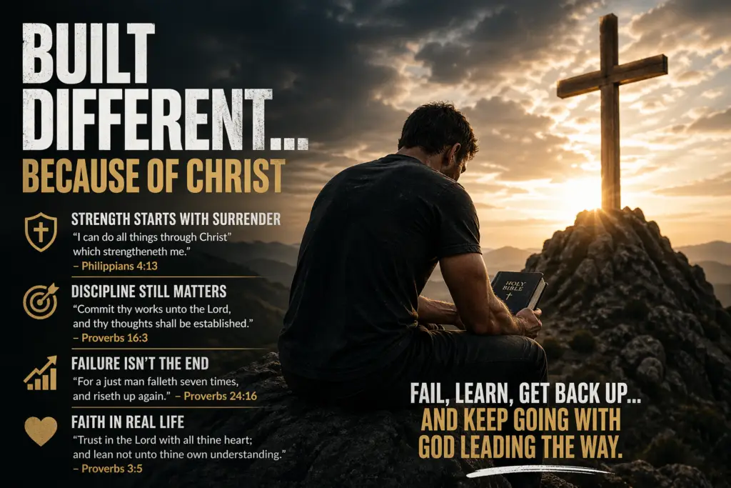 A man sitting on a rocky mountain holding a Bible near a wooden cross at sunrise, with text about being built different because of Christ, representing surrender, discipline, faith, strength, and getting back up after failure.