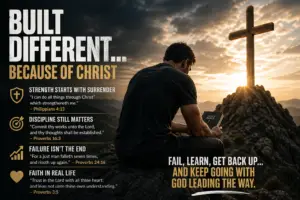 A man sitting on a rocky mountain holding a Bible near a wooden cross at sunrise, with text about being built different because of Christ, representing surrender, discipline, faith, strength, and getting back up after failure.