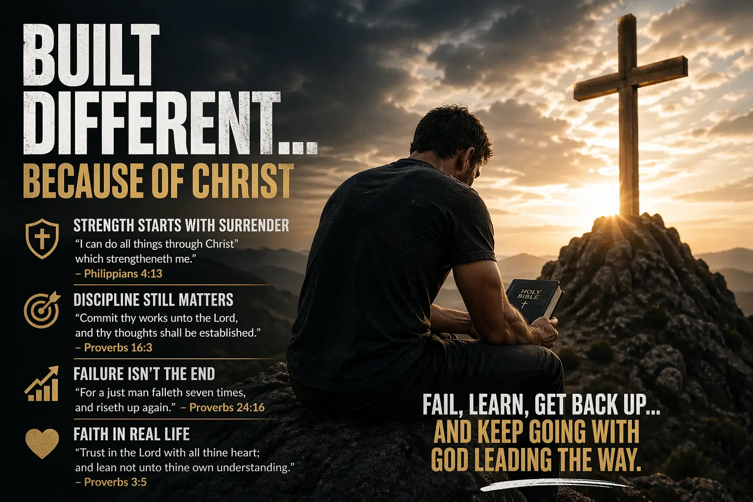 A man sitting on a rocky mountain holding a Bible near a wooden cross at sunrise, with text about being built different because of Christ, representing surrender, discipline, faith, strength, and getting back up after failure.