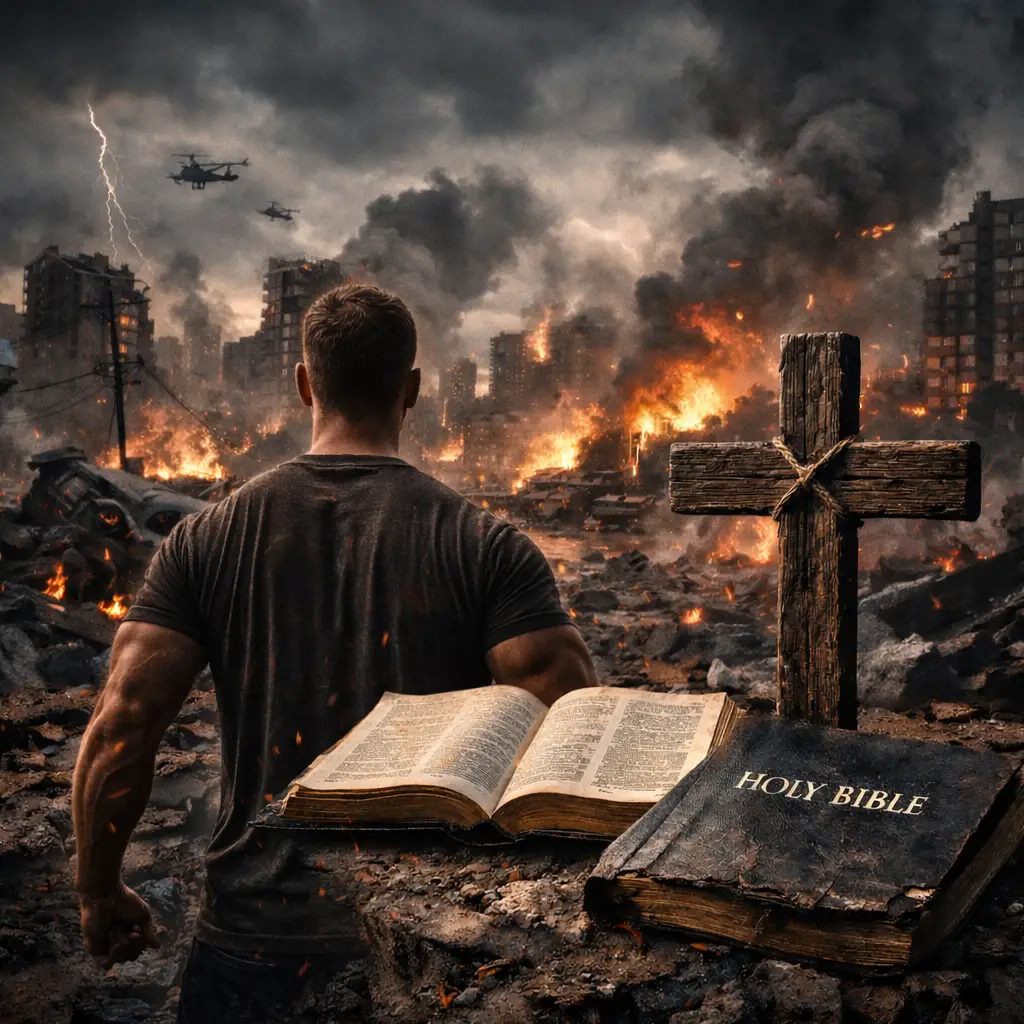 A strong man standing beside an open Bible and wooden cross while facing a burning, chaotic city, representing faith, spiritual warfare, courage, and standing firm in God’s Word.