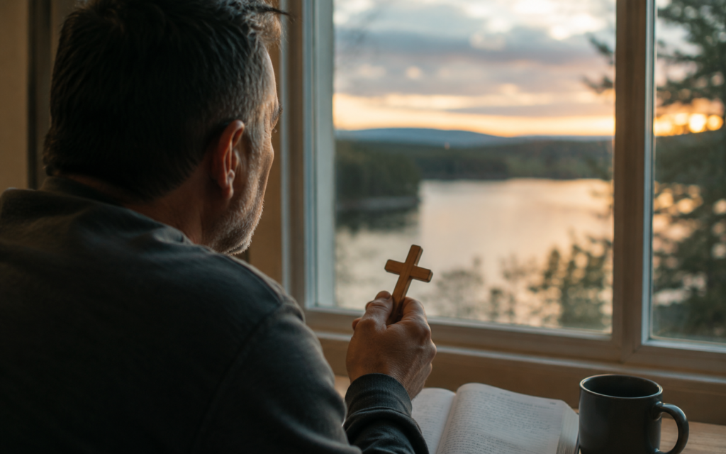 A man holding a small wooden cross near a window, reflecting on faith, healing, family, and God’s peace during a hard season.