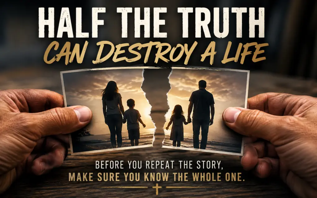Two hands hold torn pieces of a family photograph with a missing center section, symbolizing how half-truths and incomplete stories can damage relationships and distort reality.