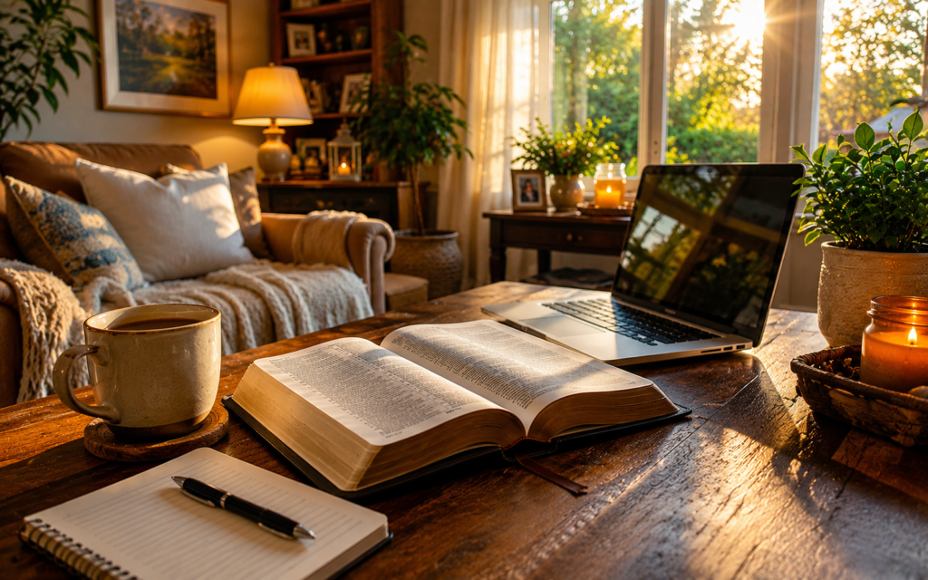 A peaceful living room study with an open Bible, coffee cup, laptop, notebook, candle, and warm sunlight representing quiet time with God and finding peace.