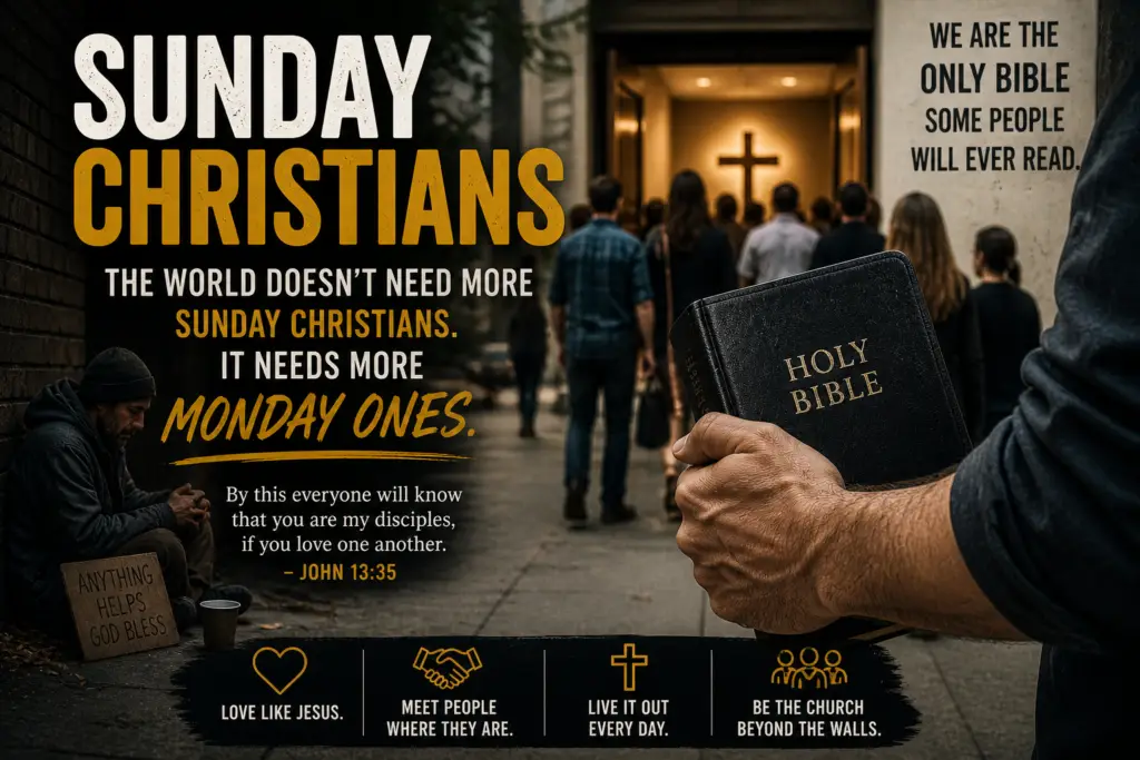 A man holding a Bible outside a church with people walking inside and a person in need nearby, representing Sunday Christians, living faith beyond church walls, and loving others like Jesus.