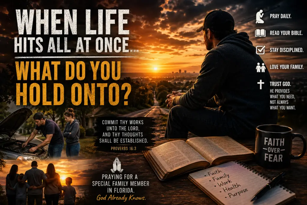A man sitting beside an open Bible, journal, and “Faith Over Fear” mug at sunset with scenes of family, work, prayer, and life pressure, representing trusting God when everything hits at once.