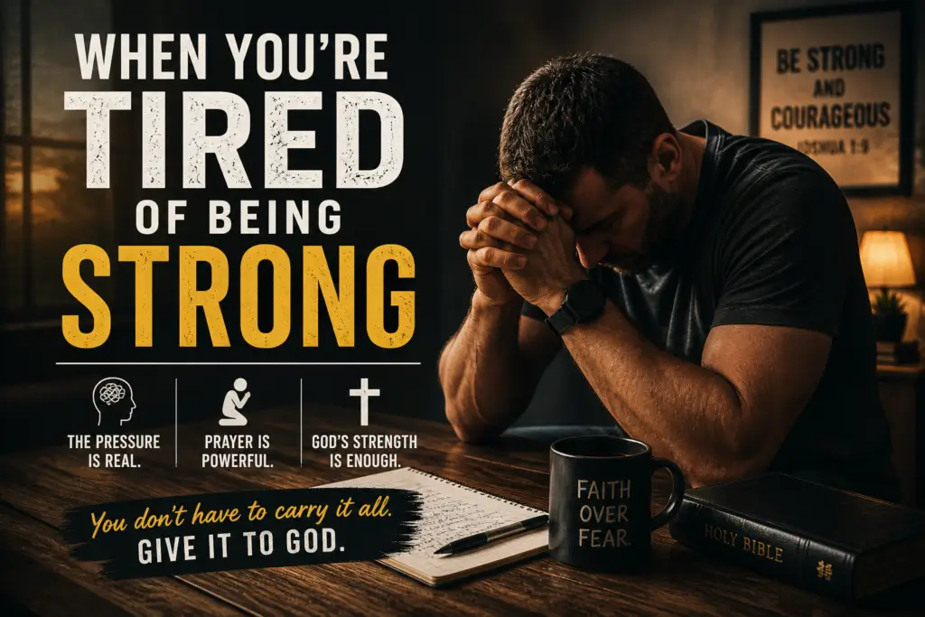 A tired man sitting alone in reflection, representing the burden of being strong, carrying responsibility, and bringing weariness to God.