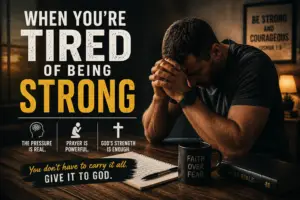 A tired man sitting alone in reflection, representing the burden of being strong, carrying responsibility, and bringing weariness to God.
