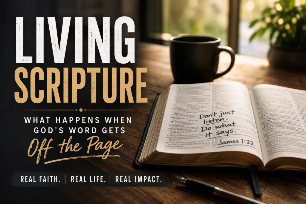 Open Bible on a wooden table beside a coffee mug with warm sunlight, featuring the words “Living Scripture: What Happens When God’s Word Gets Off the Page.