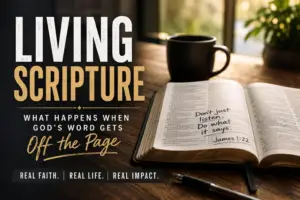 Open Bible on a wooden table beside a coffee mug with warm sunlight, featuring the words “Living Scripture: What Happens When God’s Word Gets Off the Page.