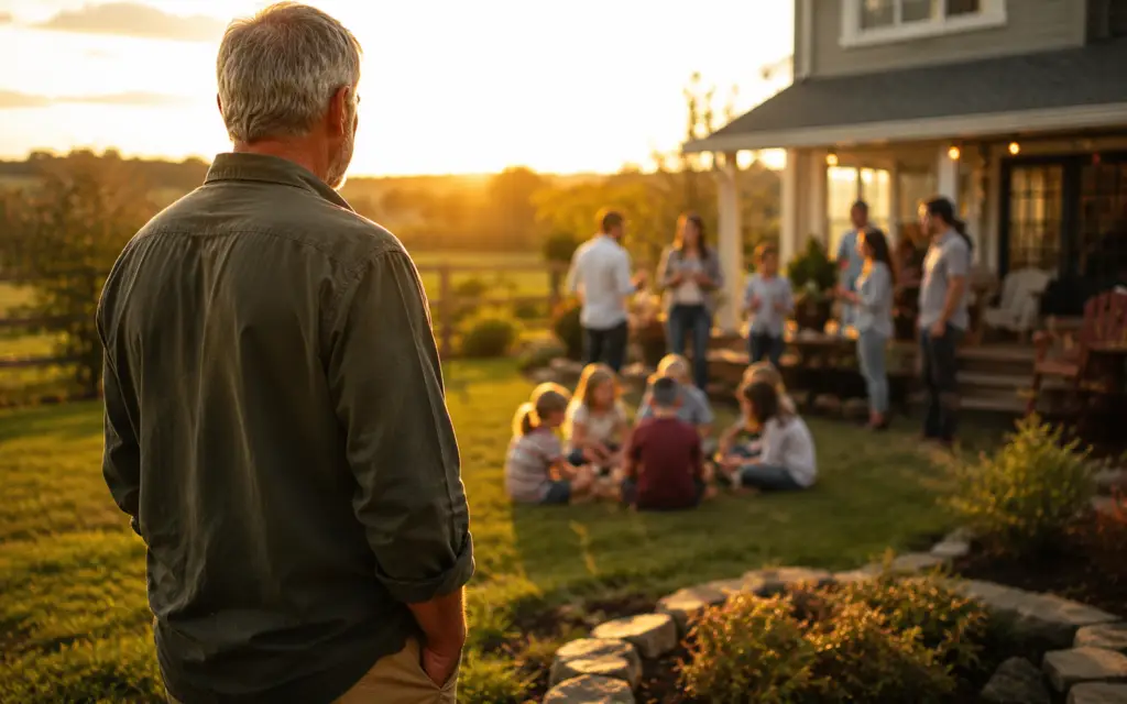 Older father or grandfather standing protectively in a backyard at sunset watching his family and grandchildren together near a home, symbolizing strength, family healing, and protecting loved ones from division and resentment.