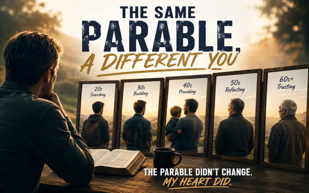 A man sits at a table with an open Bible, looking toward framed reflections of different life seasons, showing how the same parable can speak differently as a person grows in faith.