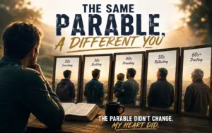 A man sits at a table with an open Bible, looking toward framed reflections of different life seasons, showing how the same parable can speak differently as a person grows in faith.