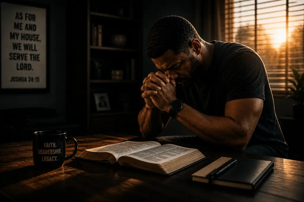 A man praying over an open Bible at a table with a mug that says “Faith. Leadership. Legacy.” representing spiritual leadership, prayer, family responsibility, and serving God at home.