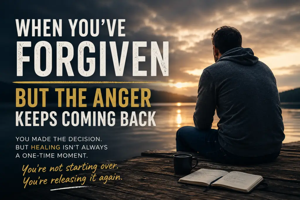 A man sitting alone on a dock at sunset with an open Bible and coffee nearby, reflecting on forgiveness, anger, healing, and releasing pain again.
