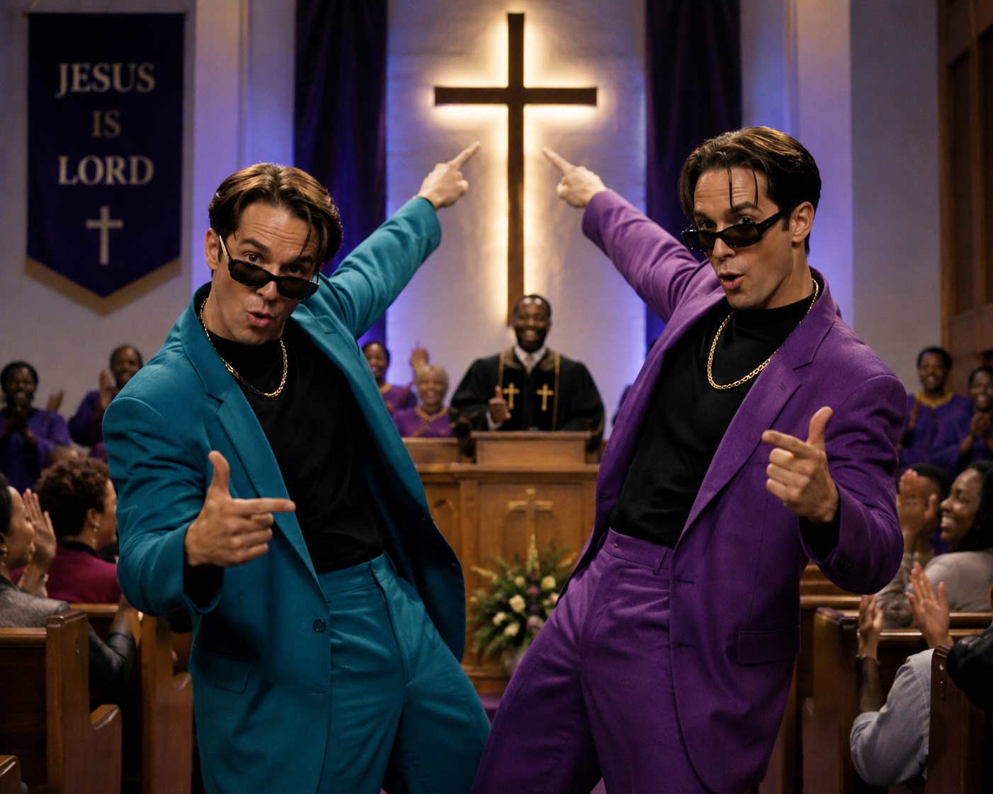 Two men in bright suits posing in a church sanctuary with a cross behind them, representing humor, church memories, faith, and the “What Is Love?” blog story.