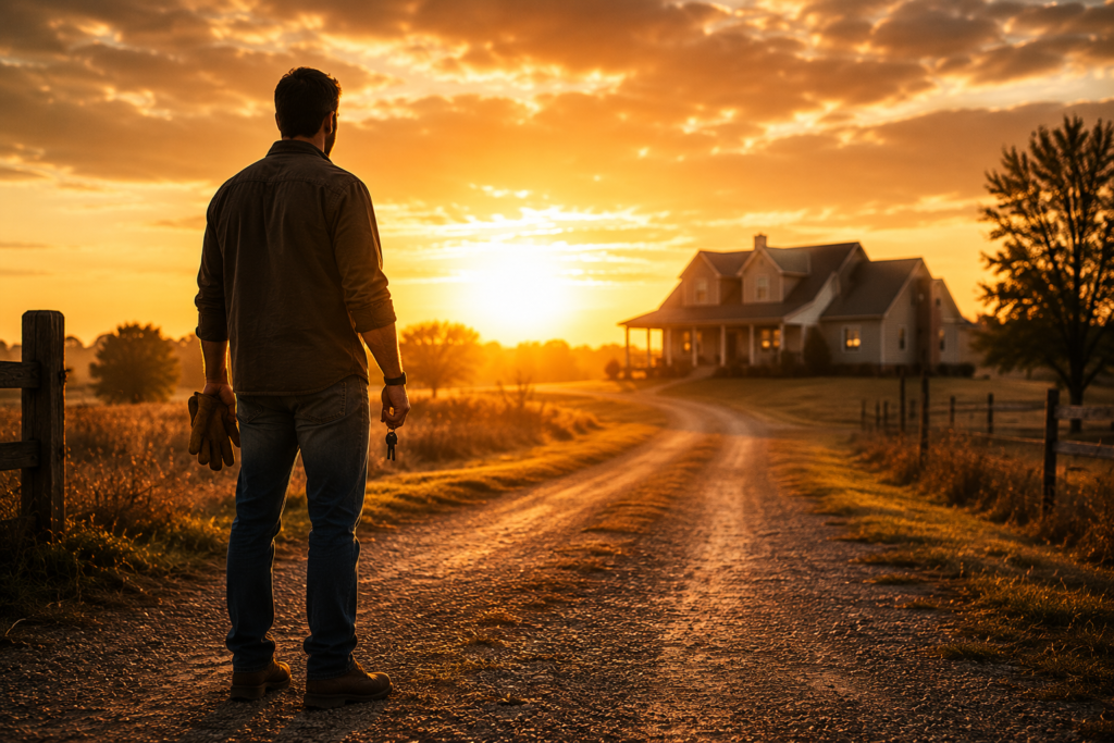 A man stands alone at the edge of a gravel driveway at sunrise, holding work gloves and keys while looking toward a home in the distance, symbolizing surrender, reflection, family, and learning to let God lead.