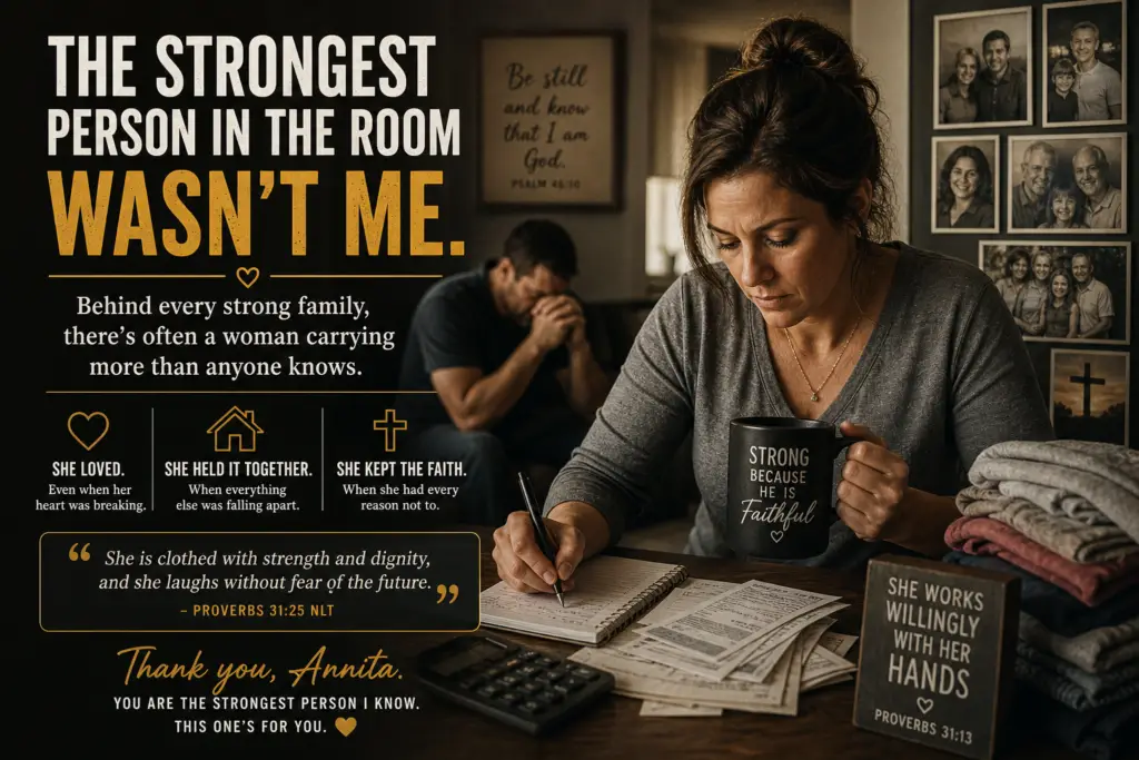 A tribute image honoring a strong wife named Annita, showing a woman writing at a table with family photos, Bible verses, and a man praying in the background, representing faith, strength, sacrifice, family, and Proverbs 31.