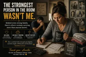 A tribute image honoring a strong wife named Annita, showing a woman writing at a table with family photos, Bible verses, and a man praying in the background, representing faith, strength, sacrifice, family, and Proverbs 31.