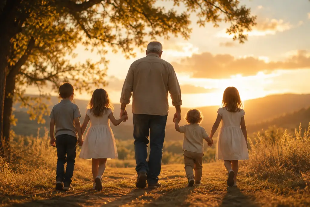 A grandfather walking hand in hand with several grandchildren down a sunlit path at golden hour, symbolizing family, legacy, trust, and God’s love.