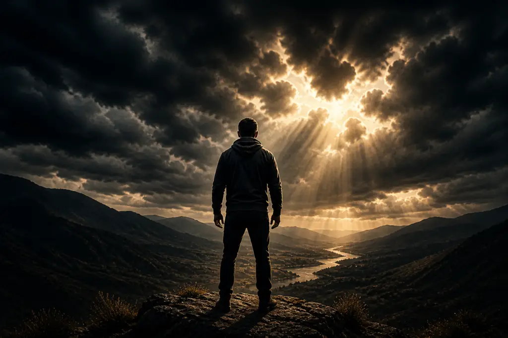 A man standing on a mountain overlooking a valley as sunlight breaks through dark storm clouds, representing faith, hope, courage, and trusting God through hard seasons.