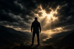 A man standing on a mountain overlooking a valley as sunlight breaks through dark storm clouds, representing faith, hope, courage, and trusting God through hard seasons.