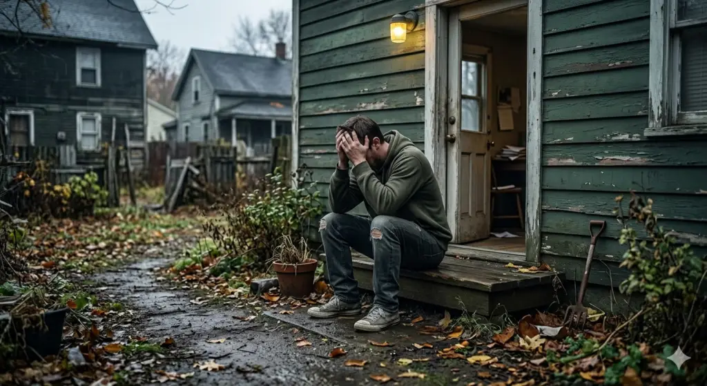 A man sitting on the steps of a worn-down house with his head in his hands, representing rock bottom, regret, hardship, brokenness, and the need for God’s help