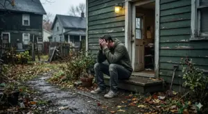 A man sitting on the steps of a worn-down house with his head in his hands, representing rock bottom, regret, hardship, brokenness, and the need for God’s help