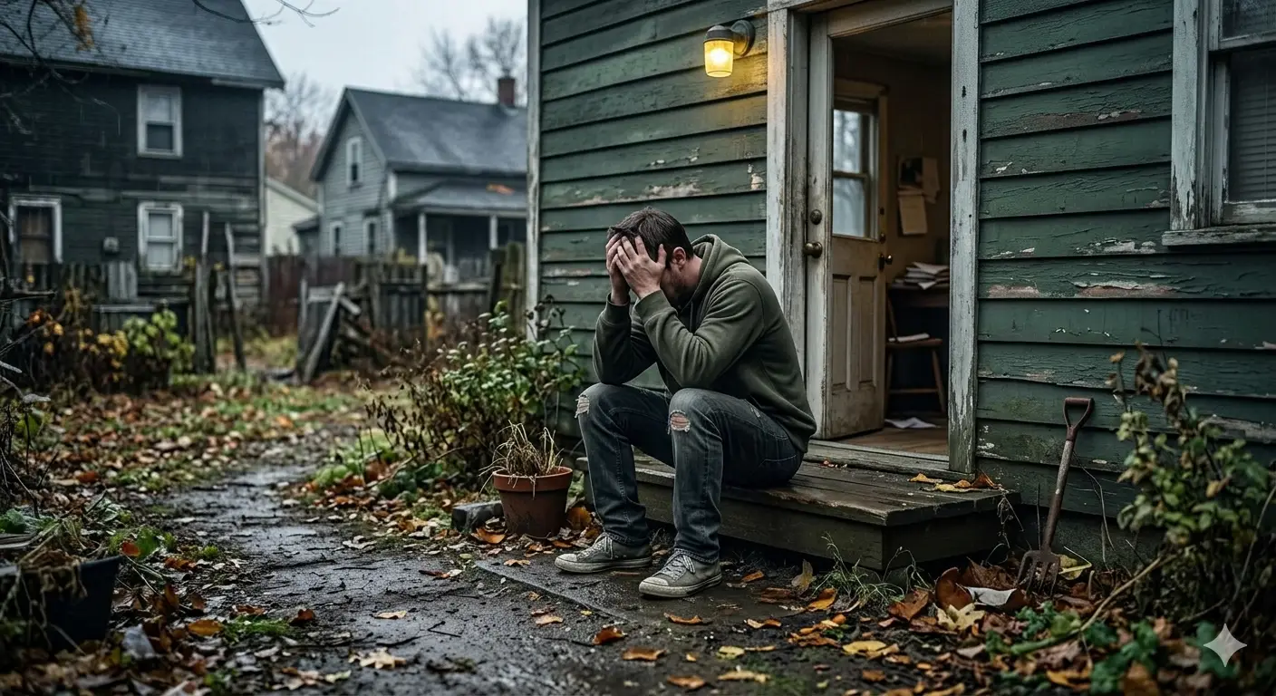 A man sitting on the steps of a worn-down house with his head in his hands, representing rock bottom, regret, hardship, brokenness, and the need for God’s help