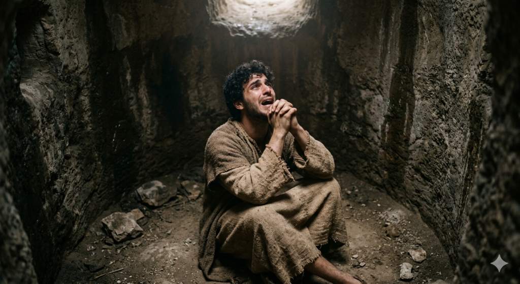 A man sitting in a dark pit looking upward in prayer, symbolizing rock bottom, suffering, repentance, hope, and trusting God in a broken season.
