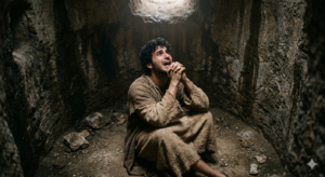 A man sitting in a dark pit looking upward in prayer, symbolizing rock bottom, suffering, repentance, hope, and trusting God in a broken season.