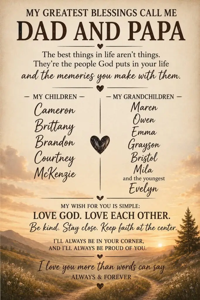A heartfelt family tribute image listing children and grandchildren by name, celebrating the blessings of being called Dad and Papa and encouraging family to love God, love each other, stay close, and keep faith at the center.