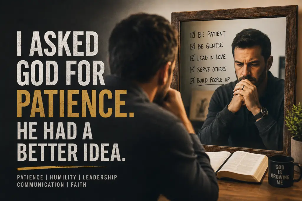 A man praying in front of a mirror with an open Bible and a checklist about patience, gentleness, love, service, and building others up, representing spiritual growth, humility, leadership, and God developing patience.