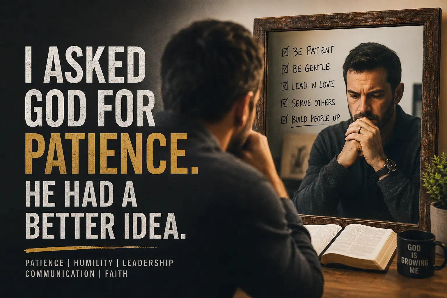 A man praying in front of a mirror with an open Bible and a checklist about patience, gentleness, love, service, and building others up, representing spiritual growth, humility, leadership, and God developing patience.