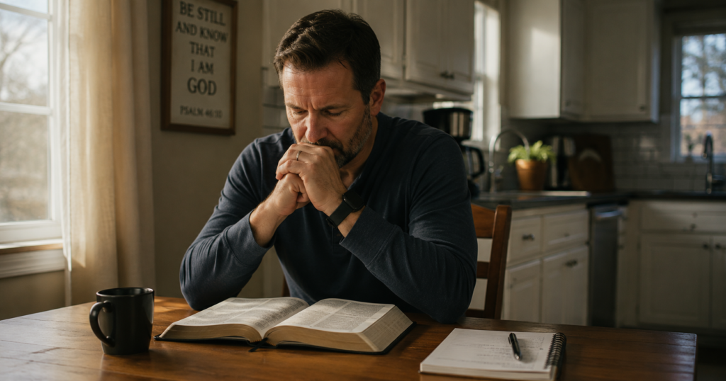 A man sitting at a kitchen table with an open Bible, praying and reflecting on real faith in everyday life