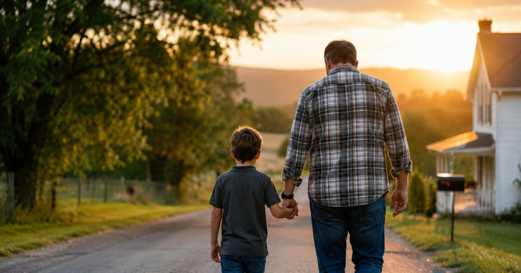 A father and young son walking hand in hand down a quiet country road near sunset, representing the memory of a father’s love and the grief of losing him too soon.