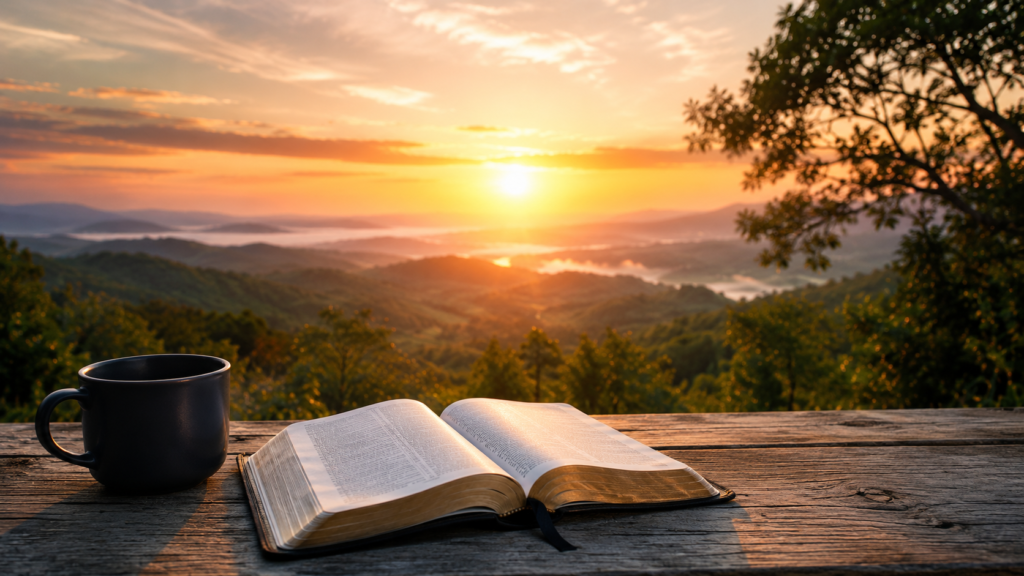 An open Bible and black coffee mug sitting on a rustic wooden table overlooking a peaceful mountain valley at sunrise.