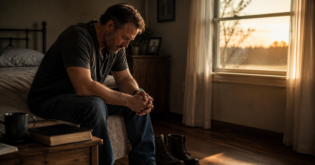 A tired man sitting on the edge of a bed in quiet morning light, praying and reflecting on God slowing him down before he breaks down.
