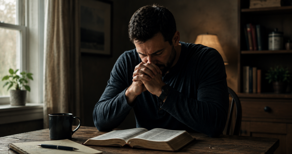 A man praying at a wooden table with an open Bible, reflecting on faith, struggle, grace, and trusting God through a hard season.